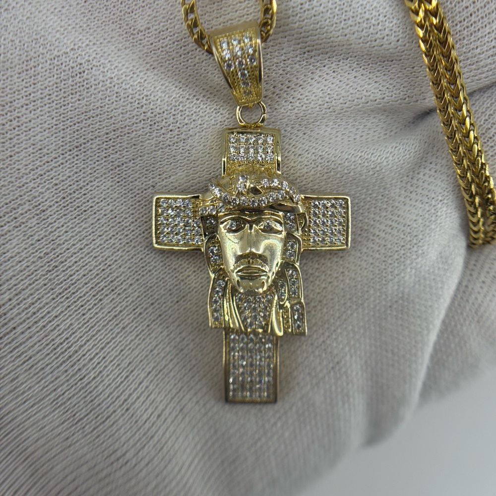 925 Sterling Silver Gold Plated Jesus Piece Cross Pendant Iced CZ 12g Charm